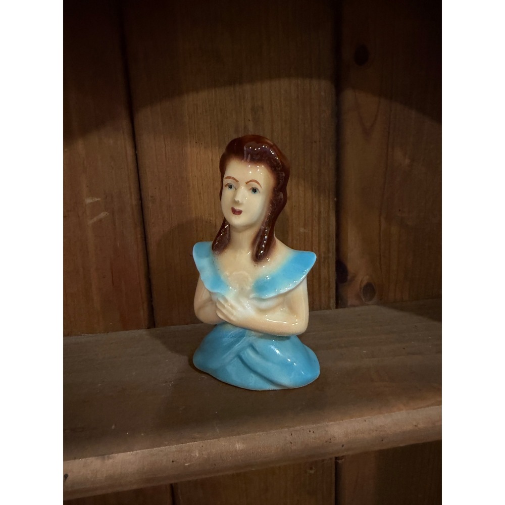 Vintage Ceramic Lady Head Bust Figurine Blue Ruffle Dress Brunette Hand Painted
